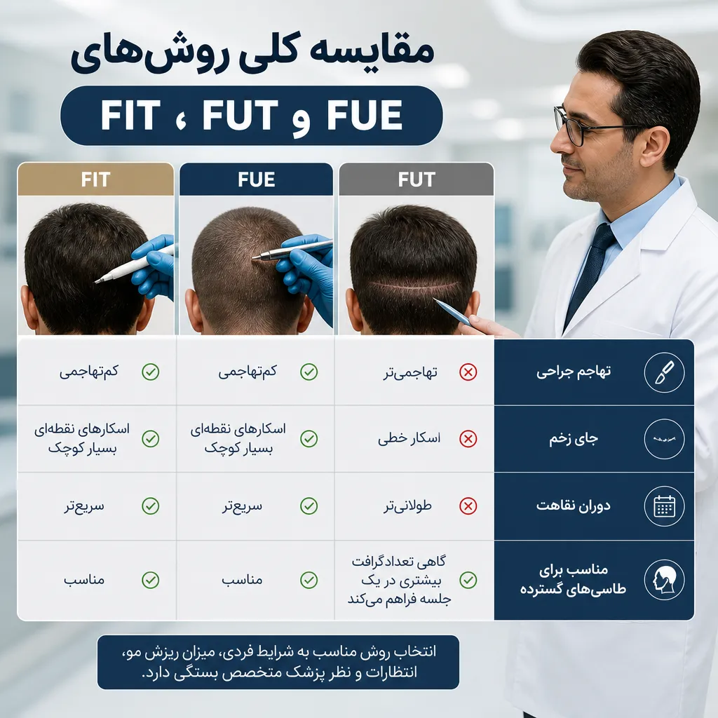 تفاوت کاشت مو FIT با FUT و FUE | مقایسه تخصصی روشها 3 مقایسه کلی روشهای FIT ،FUT و FUE