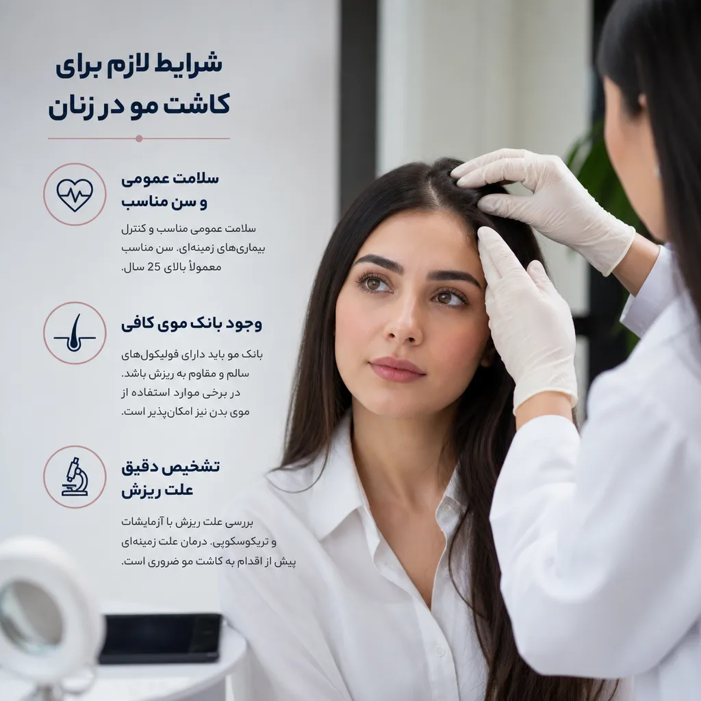 کاشت مو برای زنان چگونه انجام میشود؟ شرایط، محدودیتها و میزان موفقیت 2 شرایط لازم برای کاشت مو در زنان