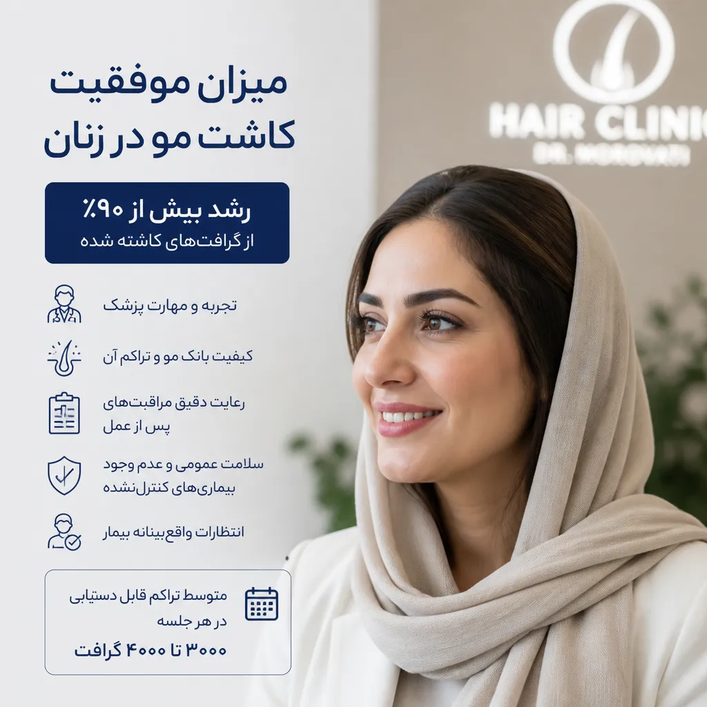 کاشت مو برای زنان چگونه انجام میشود؟ شرایط، محدودیتها و میزان موفقیت 3 میزان موفقیت کاشت مو در زنان