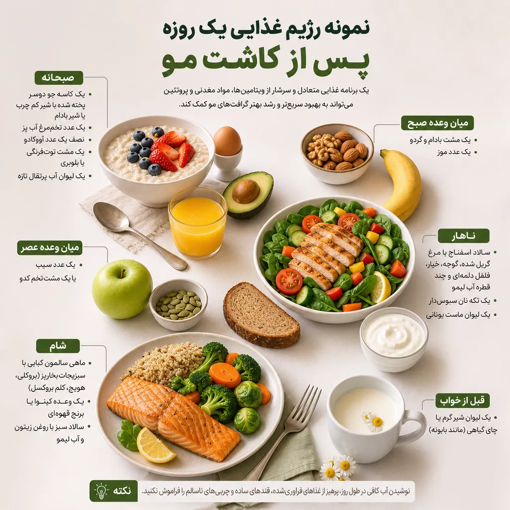تغذیه بعد از کاشت مو؛ چه غذاهایی به رشد بهتر گرافتها کمک میکنند؟ 3 نمونه رژیم غذایی یک روزه پس از کاشت مو