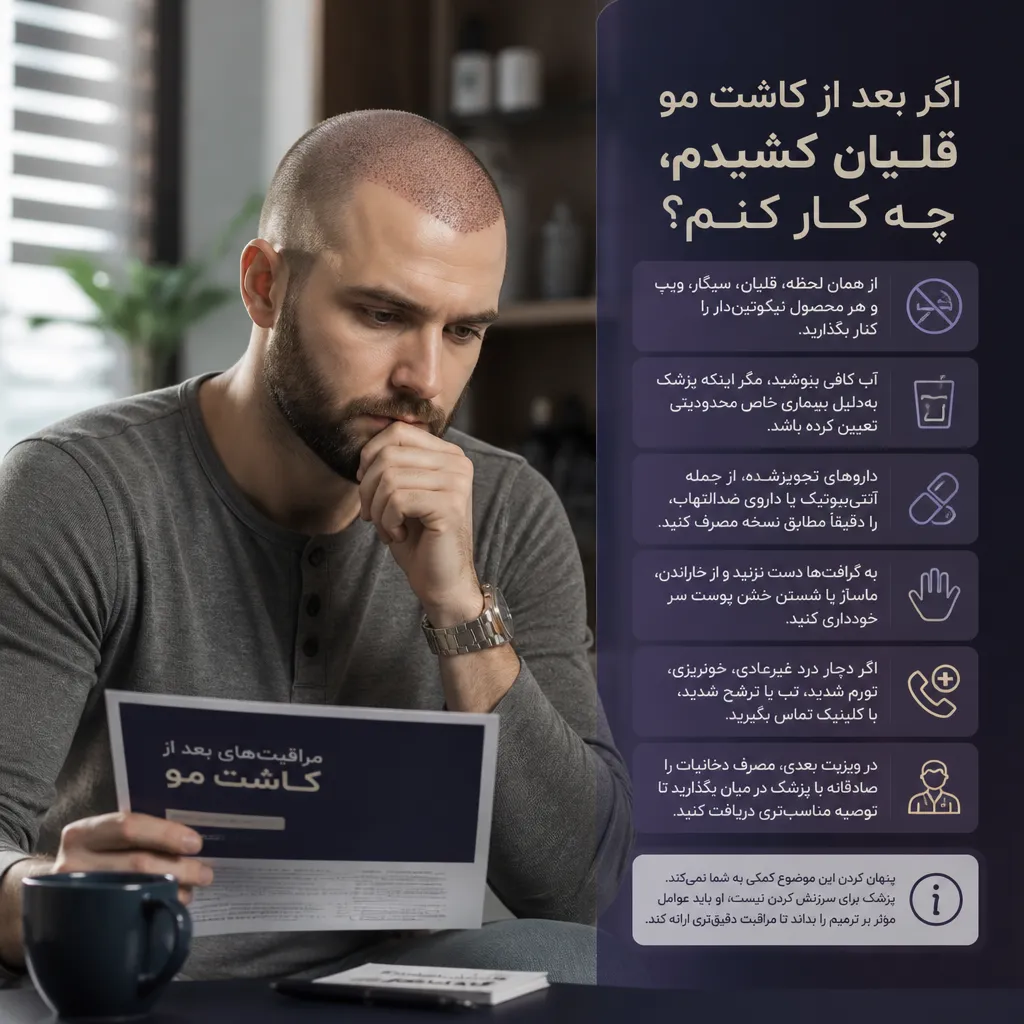 کاشت مو و قلیان؛ عوارض مصرف دخانیات بعد از کاشت 3 اگر بعد از کاشت مو قلیان کشیدم، چه کار کنم؟