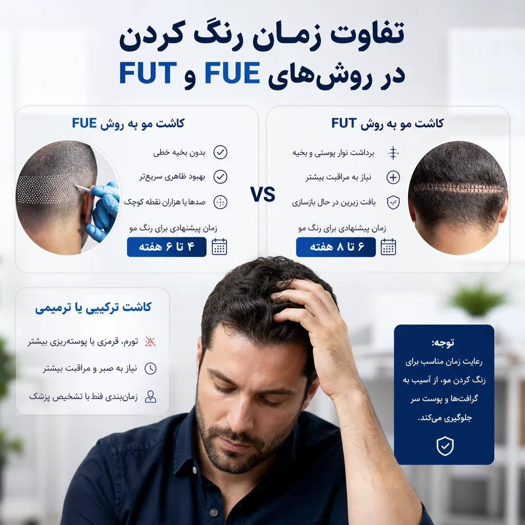 تفاوت زمان رنگ کردن در روش‌های FUE و FUT