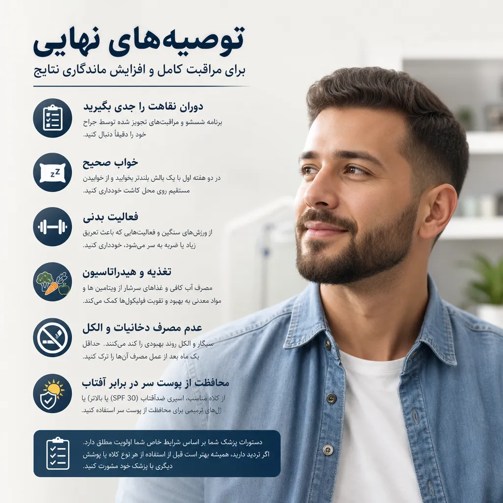 آیا بعد از کاشت مو می توان کلاه گذاشت؟ 4 توصیههای نهایی برای مراقبت کامل و افزایش ماندگاری نتایج