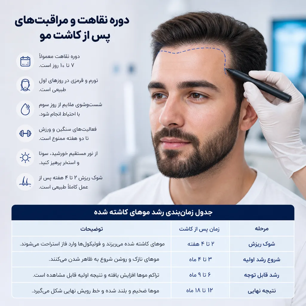 کاشت مو پیشانی بلند؛ طراحی خط رویش طبیعی 3 دوره نقاهت و مراقبتهای پس از کاشت مو
