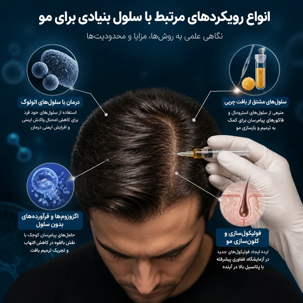 کاشت مو با سلول های بنیادی؛ واقعیت علمی، مراحل، مزایا و محدودیتها 2 انواع رویکردهای مرتبط با سلول بنیادی برای مو