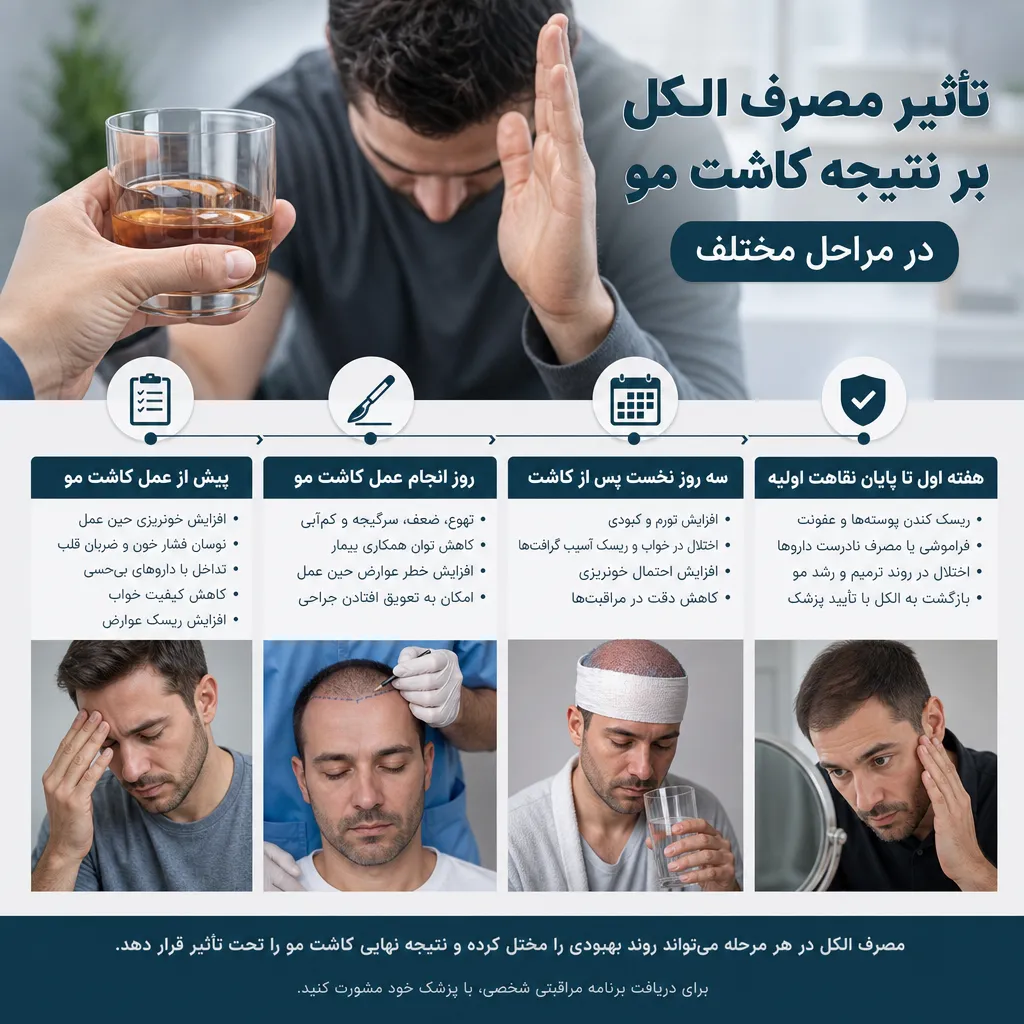 تاثیر مصرف الکل بر نتیجه کاشت مو؛ عوارض، خطرات و زمان قطع مصرف 2 تاثیر مصرف الکل بر نتیجه کاشت مو در مراحل مختلف