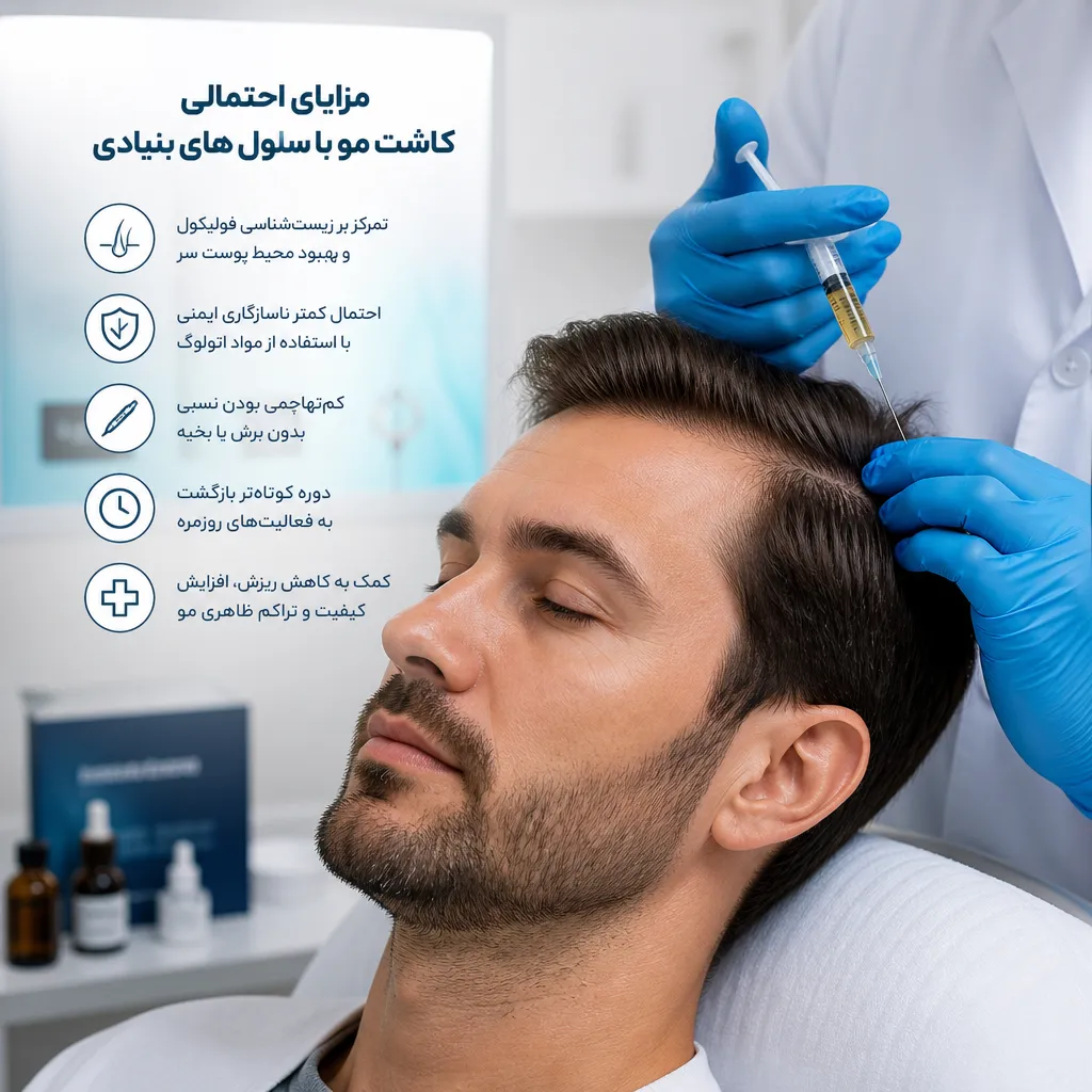 کاشت مو با سلول های بنیادی؛ واقعیت علمی، مراحل، مزایا و محدودیتها 3 مزایای احتمالی کاشت مو با سلول های بنیادی